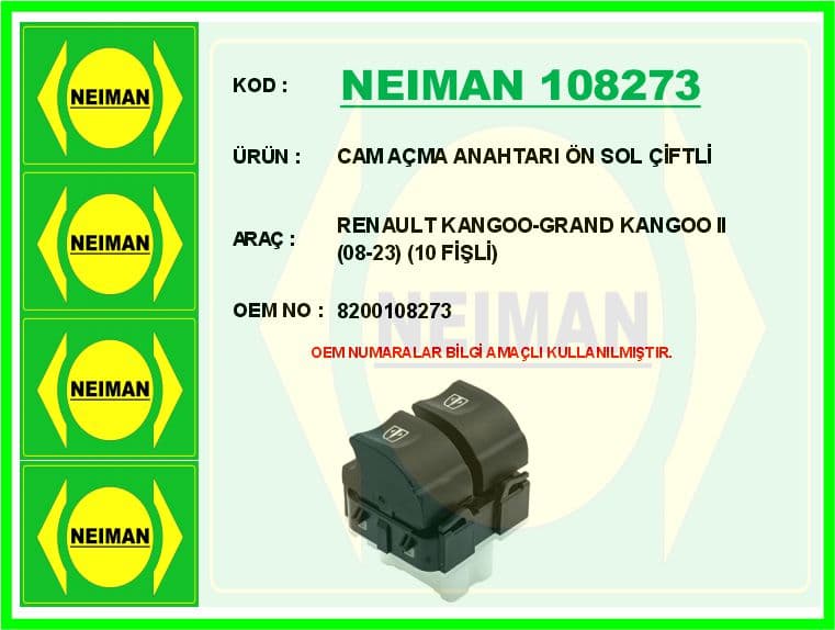 Cam Açma Anahtarı Ön Sol Çiftli Renault Kangoo-Grand Kangoo II 08-23 10 Fişli