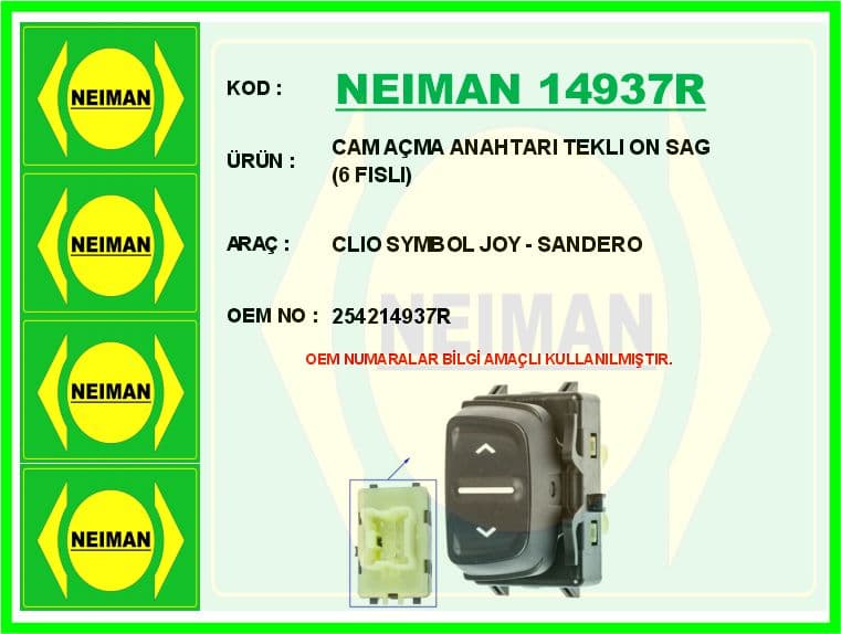 Cam Açma Anahtarı Ön Tekli Renault Dacia Logan II 12> Sandero II 12> Symbol III 13> 6 Fişli