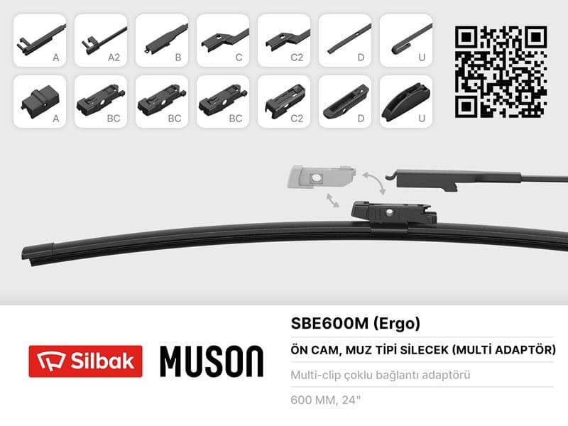 Silecek Süpürgesi Muz Tipi 600mm A. BC.C2.D Ve U Tipi Kollar İcin Multi Adaptorlü