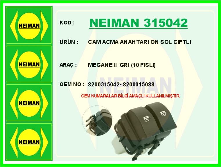 Cam Açma Anahtarı Ön Sol Ciftli Megane II Gri 10 Fisli