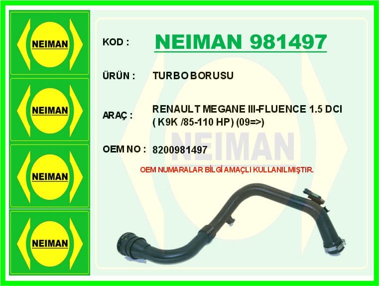 Turbo Borusu Megane III 09> Scenic III 09> Fluence 09> 1.5dCi