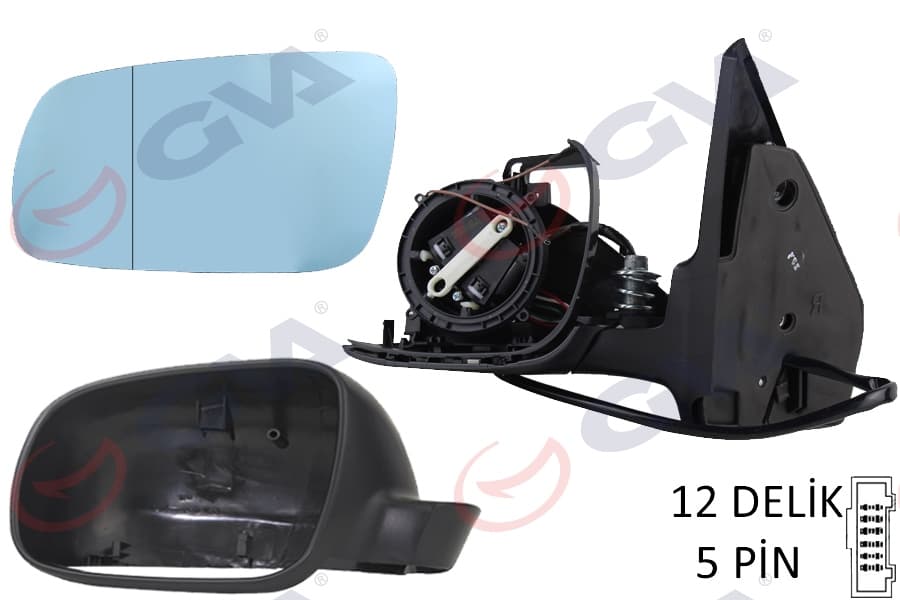 Diş Dikiz Aynasi Sol Golf-Bora 98> Elektrikli İsitmali Siyah Astarli Mavi Cam Büyük Tip 5 Fiş VM-188AL