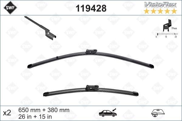 Ön Silecek Süpürgesi 650/380MM Muz Tipi Partner Tepe - Berlingo 08> Grande Punto -Linea 08> Fiat 5 00L 12> Fiesta VI 08> Corsa D 06> Corsa E 14> Aveo 11> Mito 09> SWF