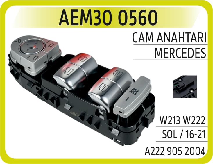Cam Açma Salteri Ön Sol Perdeli. Beyaz İsik. Siyah 9051 Mercedes S-Class W222