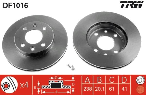 Ön Fren Aynasi Küçük Renault R9-R11-R19-R21 Clio I 91>96 Clio II 98> Clio Symbol 00>09 Kangoo 97> Megane I 96> Symbol II 08> 238x20.1 Havali 4 Delik