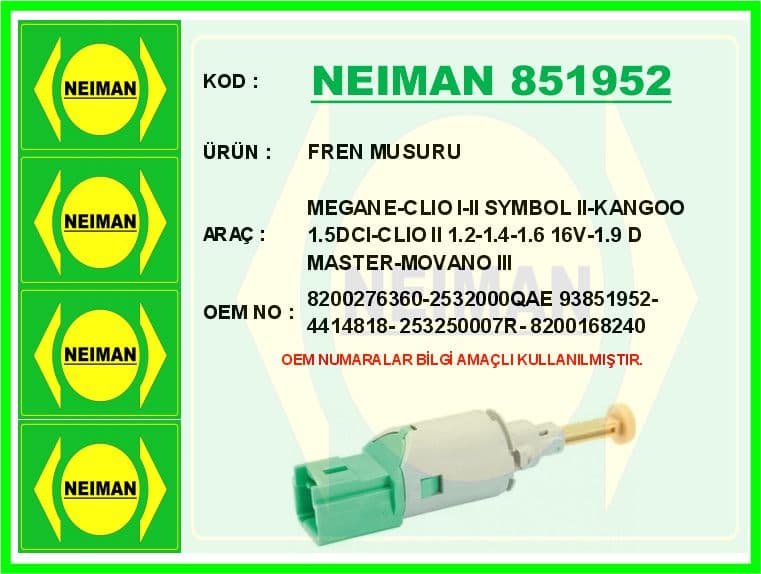 Fren Müşürü Megane-Clio I-II Symbol II-Kangoo 1.5DCI-Clio II 1.2-1.4-1.6 16V-1.9D Master-Movano III