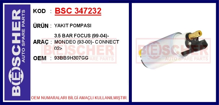 Yakıt Pompası 3.5 Bar Focus 99-04 - Mondeo 93-00 - Connect 02>