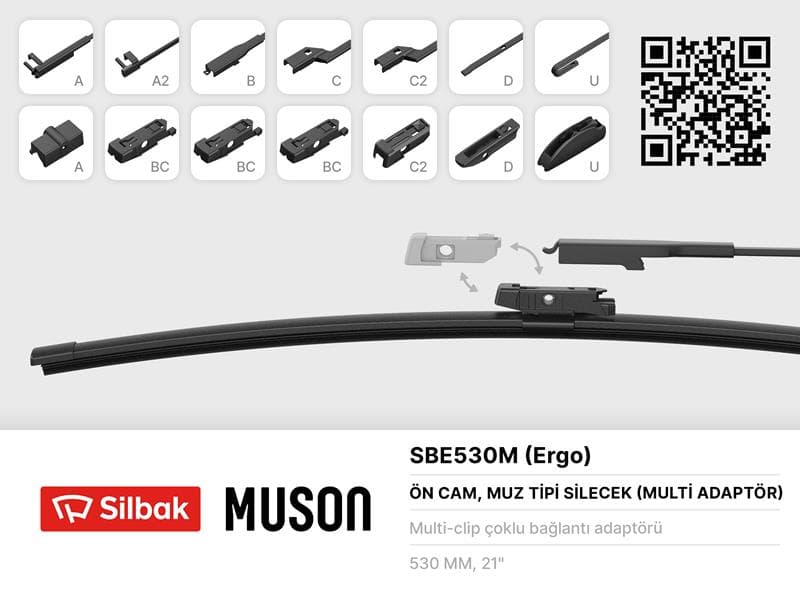 Silecek Süpürgesi Muz Tipi 530mm A. BC.C2.D Ve U Tipi Kollar İcin Multi Adaptorlü
