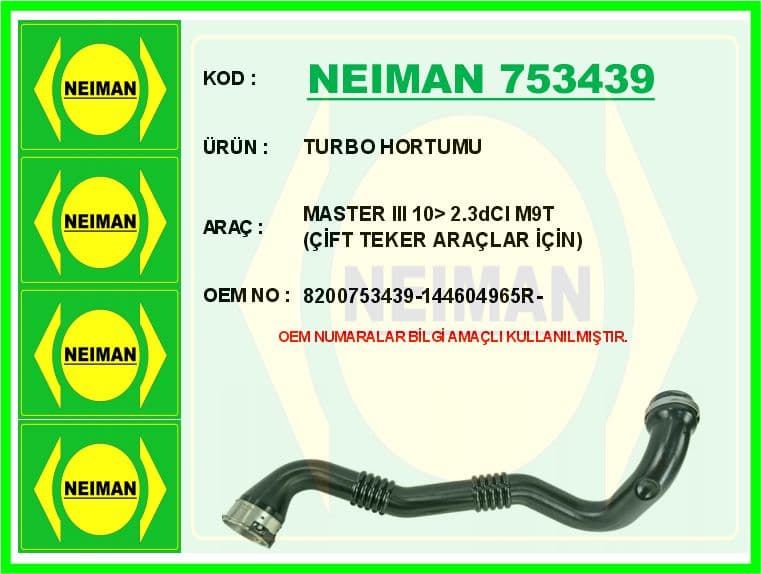 Turbo Hortumu Master III 10> 2.3dCI M9T Çift Teker Araçlar İçin
