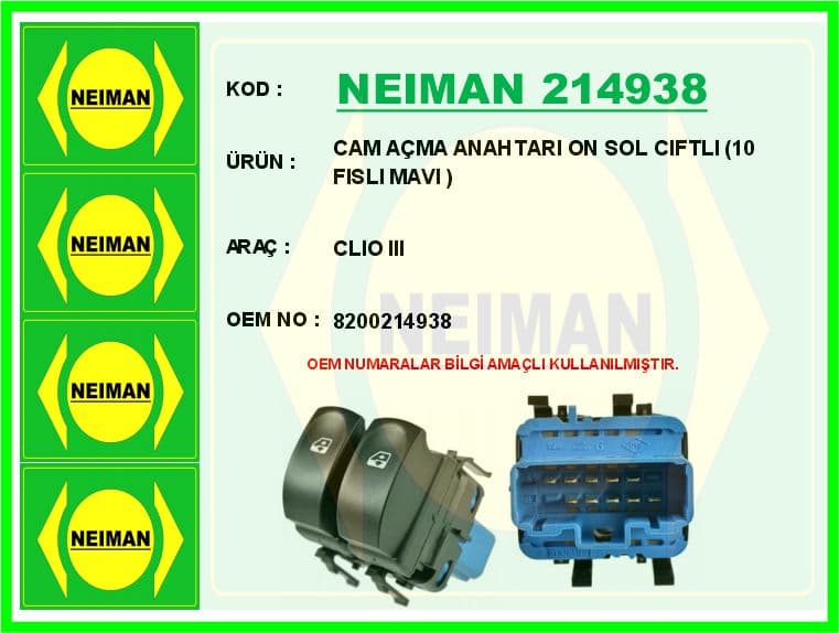 Cam Açma Anahtarı Ön Sol Ciftli 10 Fisli Mavi Clio III