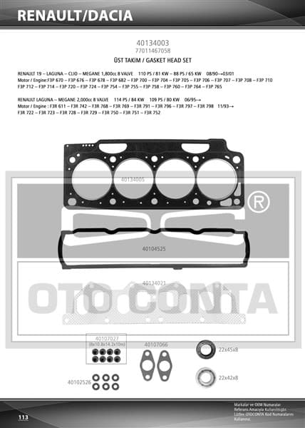 Üst Takım Conta Clio I 91> 1.8 Laguna-Megane I 95> 1.8-2.0 F3P 710/F3P 714 Keçeli SKC STD Subap Lastikli