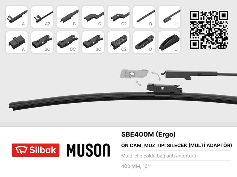 Silecek Süpürgesi Muz Tipi 400mm A. BC.C2.D Ve U Tipi Kollar İcin Multi Adaptorlü