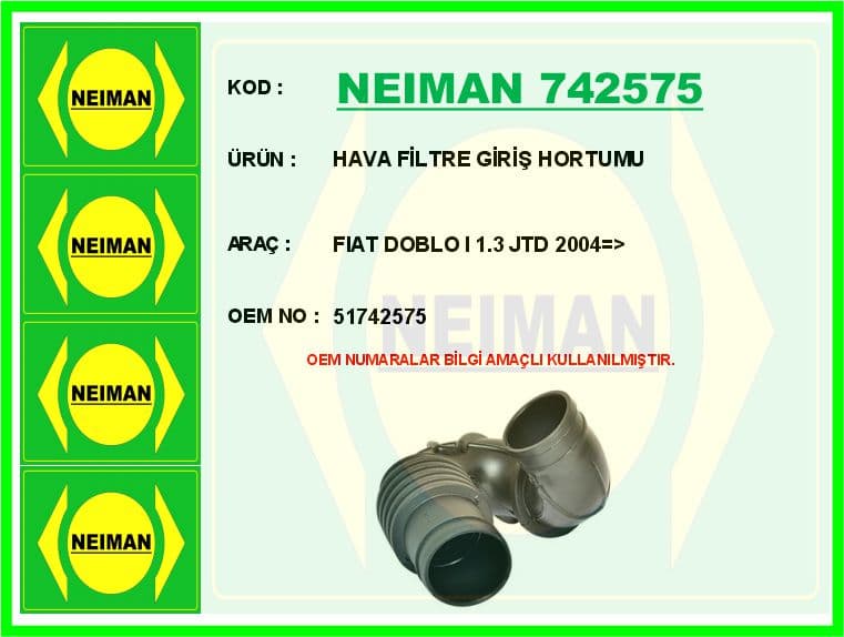 Hava Filtre Giriş Hortumu Fiat Doblo I 1.3 JTD 2004 >