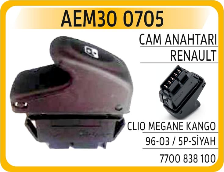 Cam Anahtarı Clio Megane Kango 96-03 / 5P-Siyah