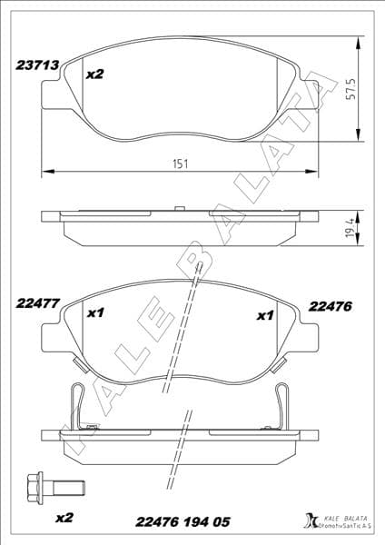 Ön Balata Fiat Egea 15> 1.4 1.5 T4 Hibrit 1.6 D K:19 MM G:151.1 MM Büyük Tip