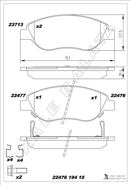 Ön Balata Fiat Egea 15> 1.4 1.5 T4 Hibrit 1.6 D K:19 MM G:151.1 MM Büyük Tip 8 Adet Klips