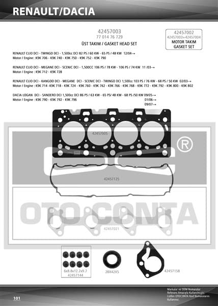 Üst Takım Contası SKC Li Megane II 02>CLIO II 02>CLIO III 05>LOGAN 04>SANDERO 08>NOTE 06>11 E11 Micra III 05>10 Suzuki Jimny 03> 1.5 dCi K9K SKT Keçeli Sub.last K9K 712-714-718-724-760
