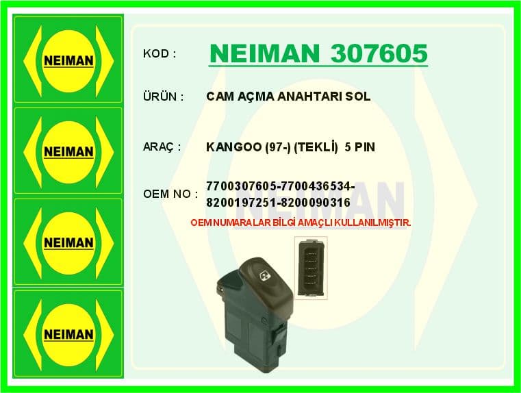 Cam Açma Anahtarı Sol Renault Kangoo 97> Tekli 5 Pin
